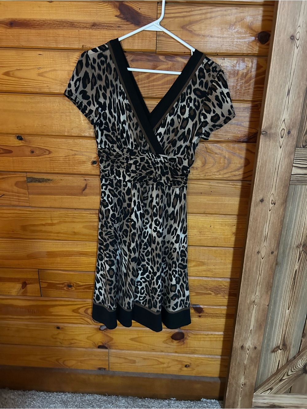 Sandra Darren Leopard-Print V-Neck Midi Dress in Tan and Black